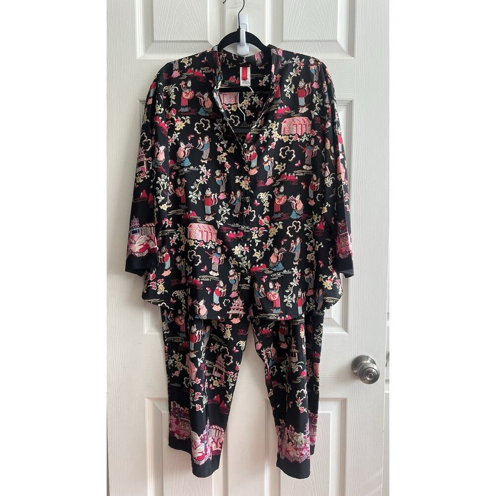 JOSIE NATORI Chinoiserie Tea Garden Oriental Black Satin 2 Piece Pajama Set XL